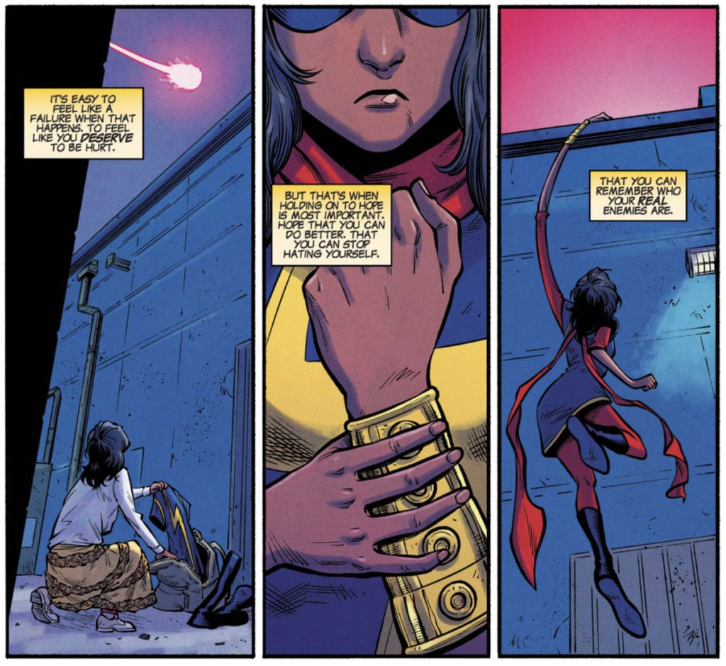 Kamala Khan giving herself a pep talk and suiting up. Magnificent Ms Marvel issue #18