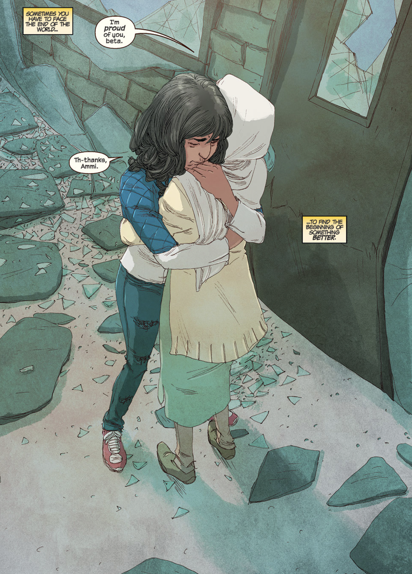 Kamala sharing a sweet moment with her mother Muneeba at the end of the world. Ms Marvel, vol. 3, issue #19