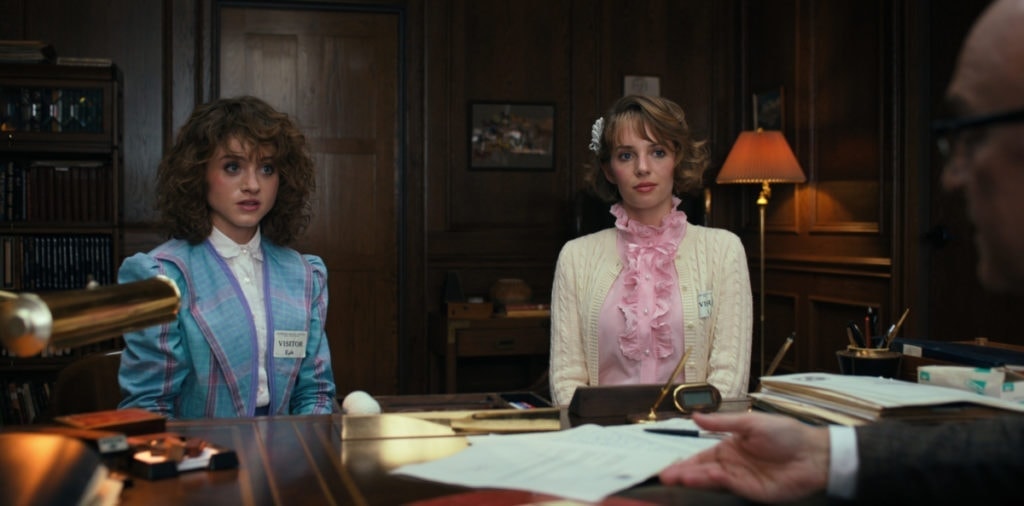 (L to R) Natalia Dyer as Nancy Wheeler and Maya Hawke as Robin Buckley in STRANGER THINGS. (Netflix)