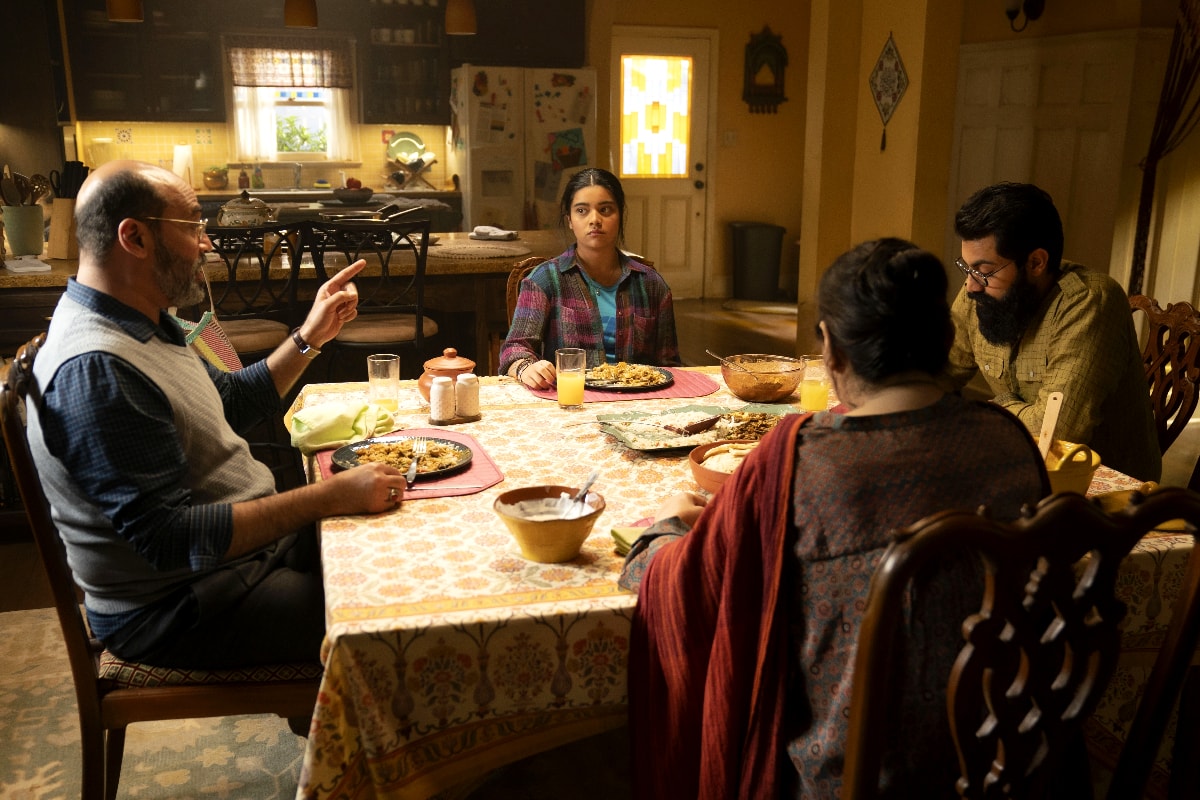Ms. Marvel (L-R): Mohan Kapur as Yusuf, Iman Vellani as Ms. Marvel/Kamala Khan, Saagar Shaikh as Aamir, and Zenobia Shroff as Muneeba in Marvel Studios' MS. MARVEL. Photo by Daniel McFadden. ©Marvel Studios 2022. All Rights Reserved.