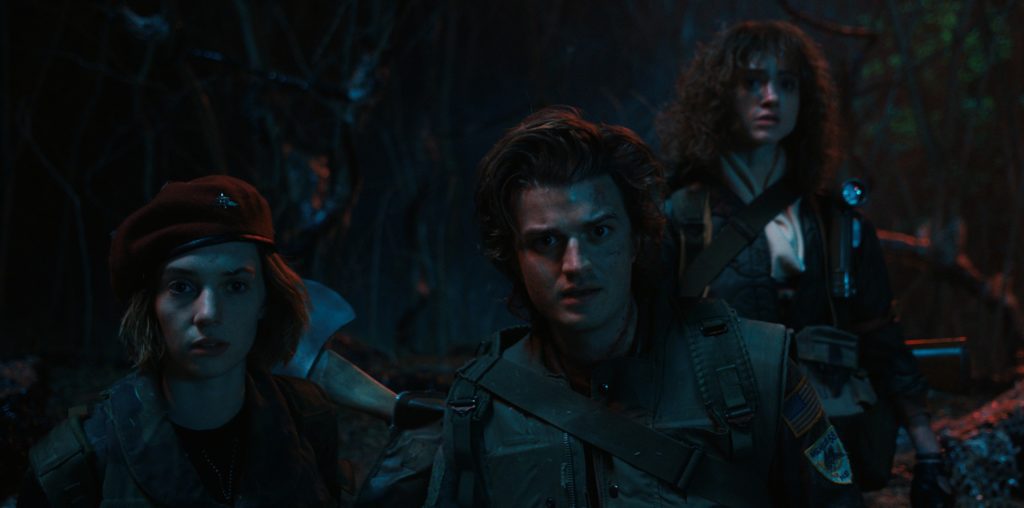 (L to R) Maya Hawke as Robin Buckley, Joe Keery as Steve Harrington and Natalia Dyer as Nancy Wheeler in Stranger Things 4 Vol 2 Netflix