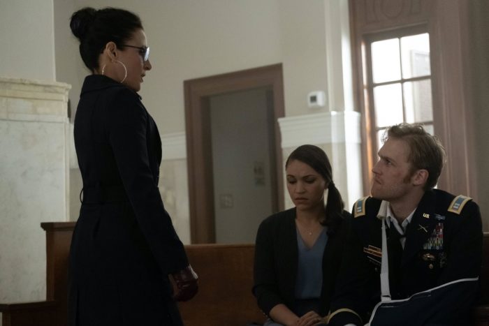 Julia Louis Dreyfus as Val meeting with Gabrielle Byndloss as Olivia Walker and Wyatt Russell as John Walker aka US Agent in The Falcon and the Winter Soldier