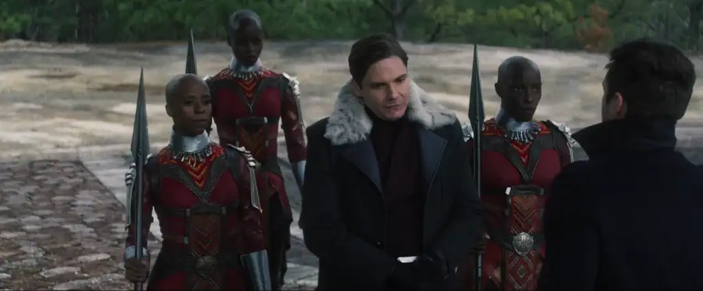 Zemo, held captive by the Dora Milaje, talking to Bucky.