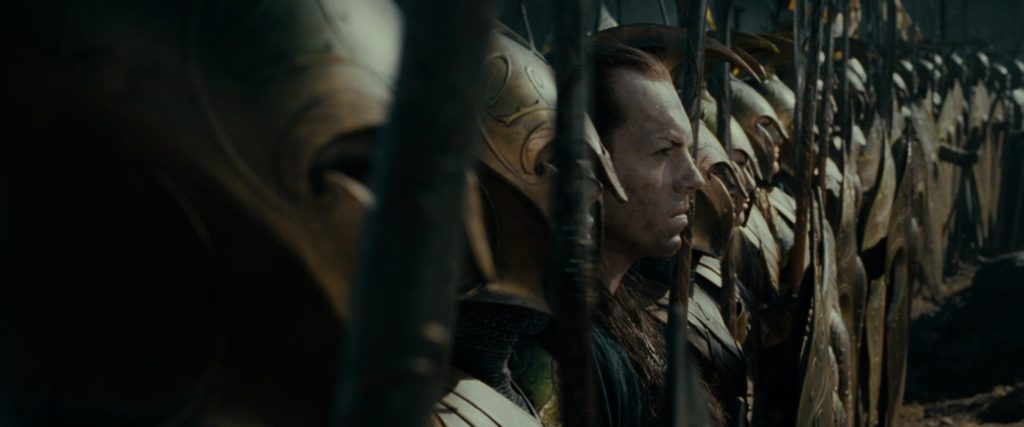 Armored Elves and Elrond as part of the Last Alliance in The Lord of the Rings films.