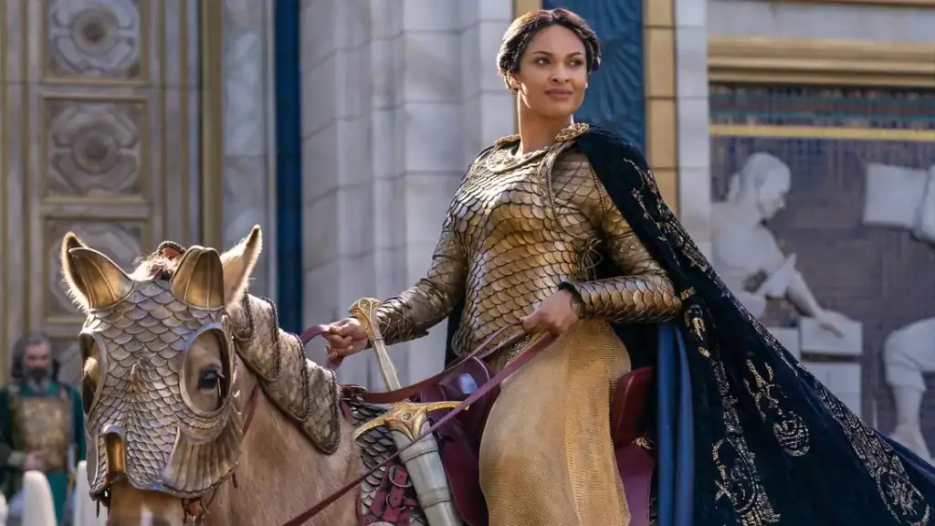 The Lord of the Rings: The Rings of Power- MÃriel, Queen Regent of Númenor, astride her horse. The Lord of the Rings: The Rings of Power- MÃriel, Queen Regent of Númenor, astride her horse.