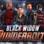 The 'Thunderbolts' team for the 2024 MCU film, with the 'Black Widow' logo placed above the 'Thunderbolts' logo.
