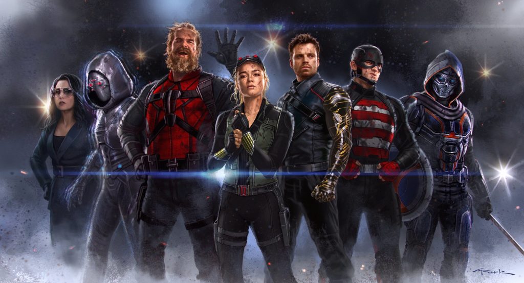 'Thunderbolts' concept art from D23 2022. Left to right: Val, Ghost, Red Guardian, Yelena, Bucky, U.S. Agent, and Taskmaster.