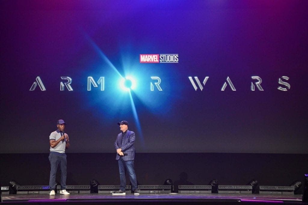 Don Cheadle introducing 'Armor Wars' at the 2022 D23 expo with Kevin Feige