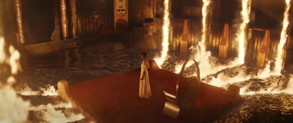 Shuri in the burning Wakandan throne room