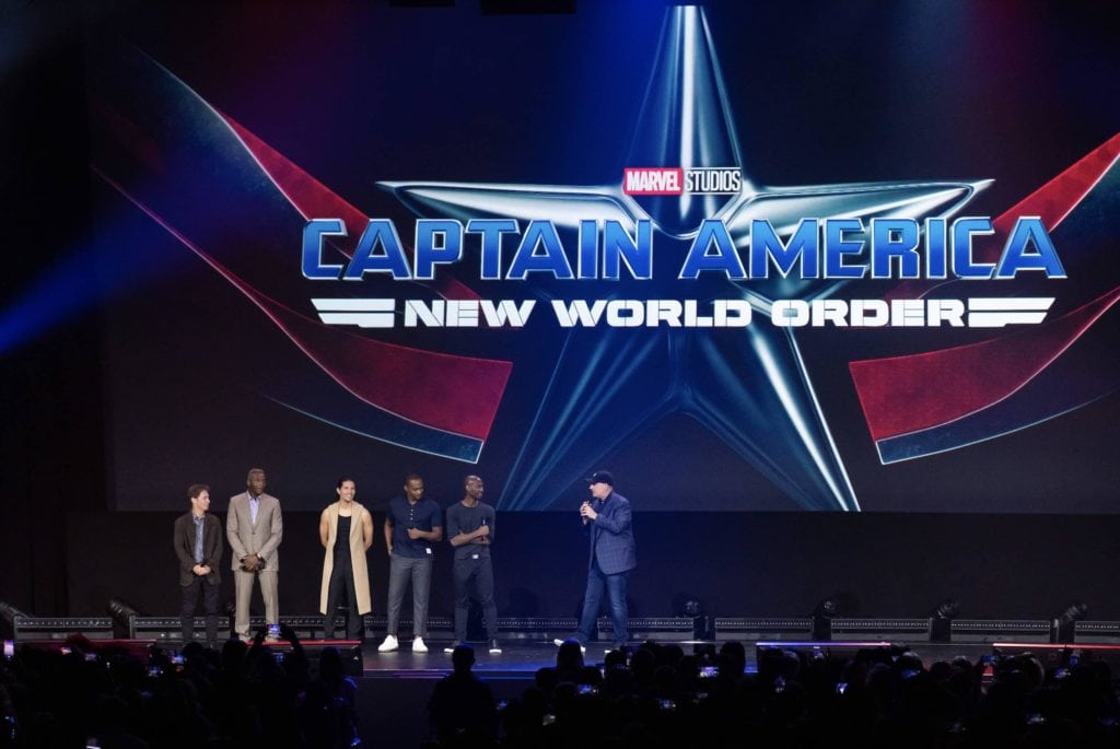 The cast of 'Captain America: New World Order' at the 2022 D23 expo speaking to Kevin Feige