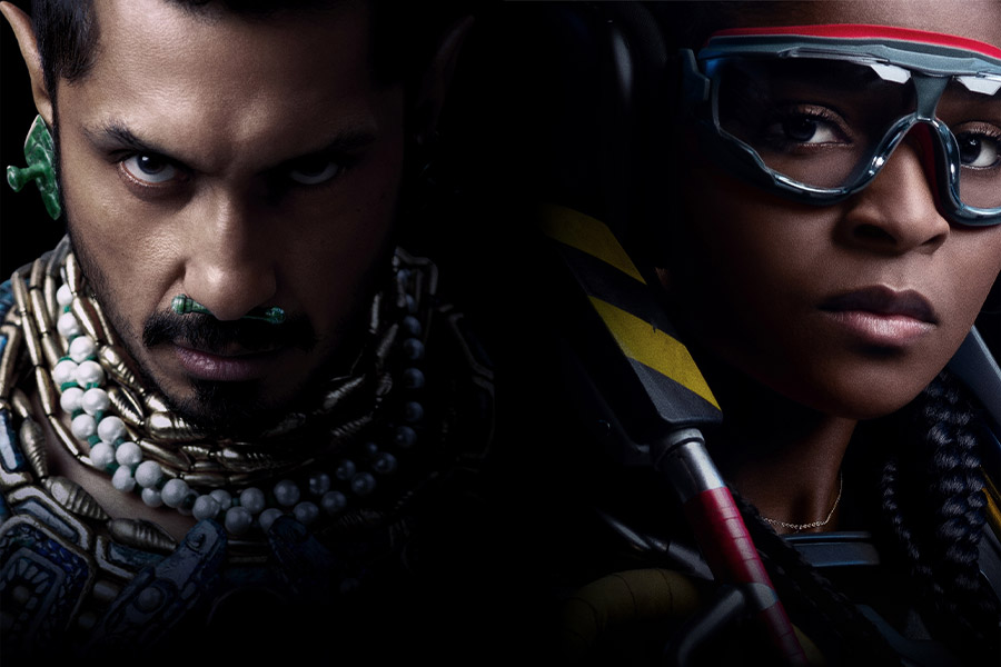 Tenoch Huerta as Namor and Dominique Thorne as Riri Williams/Ironheart in Black Panther Wakanda Forever