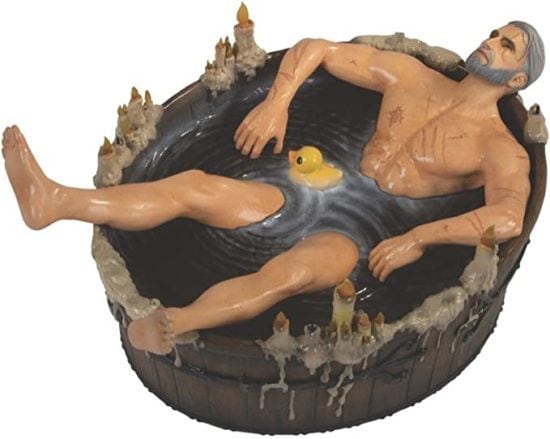 Iconic The Witcher 3 figure showing Geralt taking a bath in Kaer Morhen