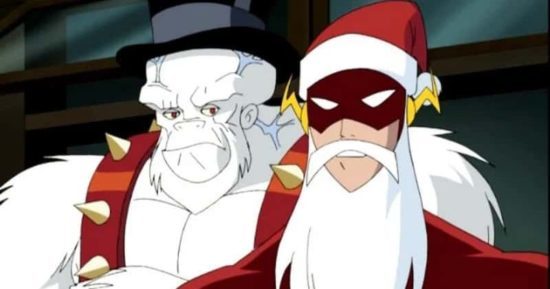 The Flash and Ultra-Huminite giving gifts to orphans in Justice League "Comfort and Joy" episode