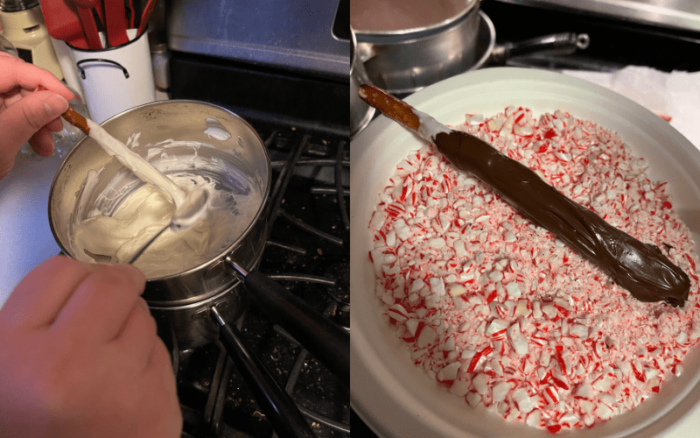 Mantis' Peppermint Bark Pretzel Sticks Assembly