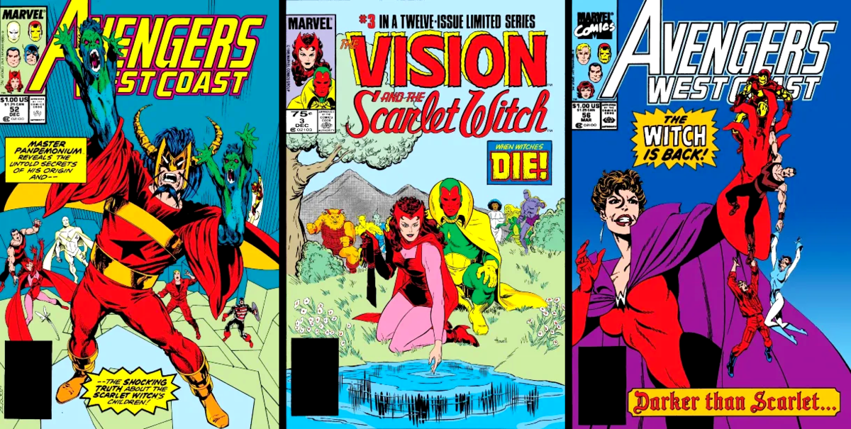 agatha-harkness-comics-covers-1980s-avengers-west-coast-darker-than-scarlet-witch-vision-quest