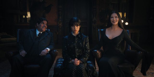 Wednesday Addams, Gomez, and Morticia