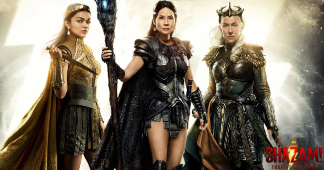 Rachel Zegler, Lucy Liu and Helen Mirren as Daughters of Atlas in Shazam! Fury of the Gods